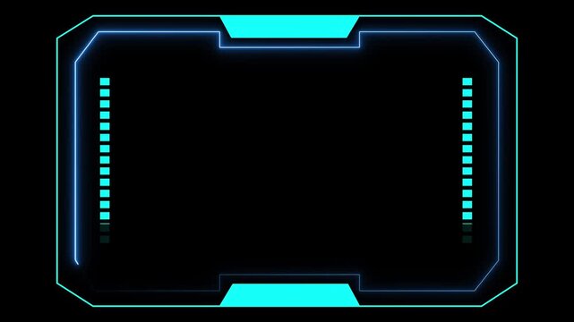 Futuristic neon blue sci-fi hud frame with glowing border on black background, empty center copy space, symmetrical tech interface panel.