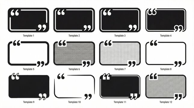 Collection of twelve rectangular quotation text boxes arranged in rows and columns, each with stylized quotation marks, varying border thickness, rounded corners, and fill styles