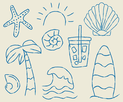Summer beach doodle set with palm tree, seashell, wave, sun and surfboard, hand drawn minimal vector illustration
