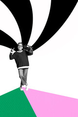 Poster image art vertical photo collage of happy old woman show rock roll gesture hold retro...