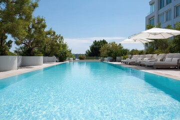 Fototapeta premium Luxury hotel poolside oasis with relaxing sun loungers and umbrella