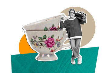 Composite art 3d creative image collage of happy old woman dance boombox party sound event tea...