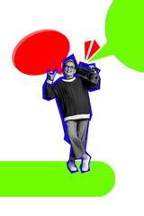 Vertical photo collage of happy old woman hold retro boombox device party weekend occasion show...