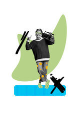 Obraz premium Composite trend artwork sketch image photo collage of aged lady rock hand gesture party dance listen music boombox recorder cassette club