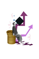 Vertical photo collage of happy old woman sit coin stack business profit arrow development success...