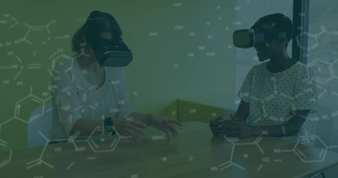 Animation of chemical formulas over diverse women in vr headset