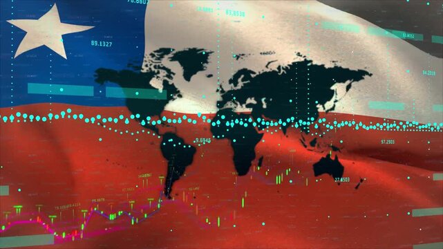 Animation of financial data processing over flag of chile and world map