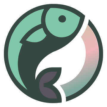 Minimalist Fish Logo Design for Seafood Restaurant or Sushi Bar. Modern circular emblem featuring a stylized fish in teal and dark grey tones. Elegant and clean geometric design for high-end seafood 