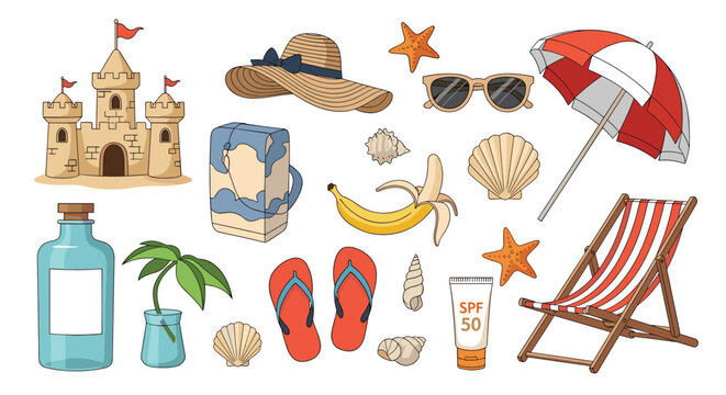 Collection of summer beach essentials including a sandcastle, sun hat, flip flops, sunscreen, and a lounge chair.