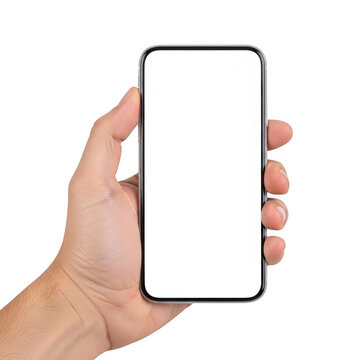 A close up view of a person using their left hand to hold a modern smartphone device that features a completely blank white screen for your custom design,png