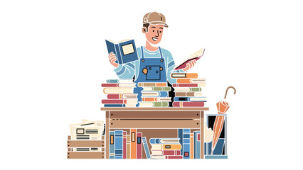 Literary Pursuit: A cheerful figure, immersed in a world of words, stands amidst towering stacks of knowledge, a testament to the enduring power of stories.  © Hasib