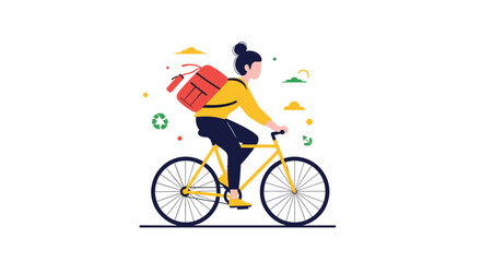 Fototapeta premium Young woman riding a bicycle with a large backpack on her back while commuting through a stylized natural landscape illustration.
