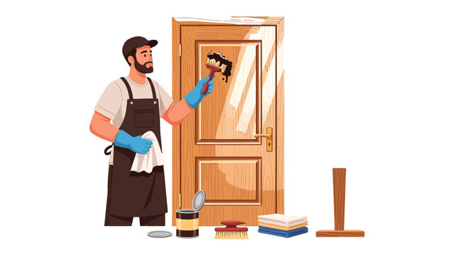 Handyman at Work: A skilled handyman applies a fresh coat of varnish to a wooden door, showcasing the art of restoration and craftsmanship in a home setting.