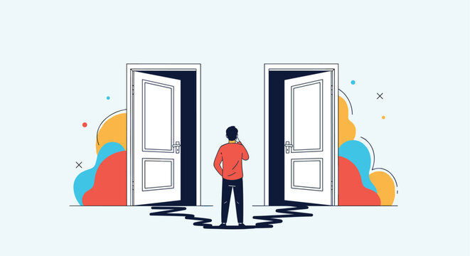 Man standing between two open doors contemplating a difficult choice or a new career path in his life in a minimal vector illustration.