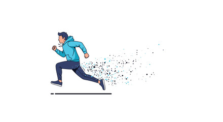 Fototapeta premium Man running at high speed with a dynamic trail of particles behind him representing movement, energy, and athletic performance.