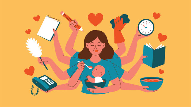 Woman multitasking with baby and household tasks
