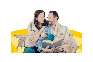 Composite trend artwork sketch collage of middle age couple man lady hugs together comfy sit home...