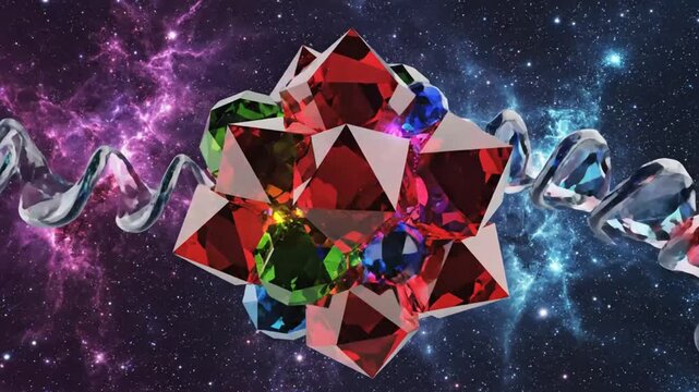 Abstract 3D animation of vibrant colorful crystal gems floating in a starry nebula cosmic background.