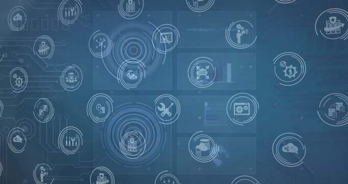 Animation of tech icons and motherboard on green digital screen