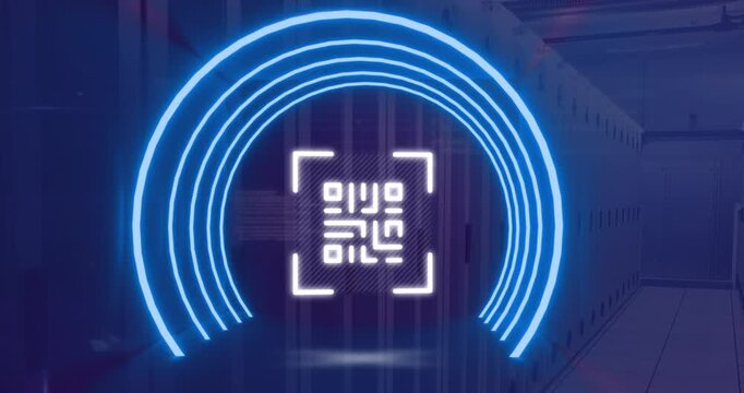 Animation of neon qr code scanner and data processing against computer server room