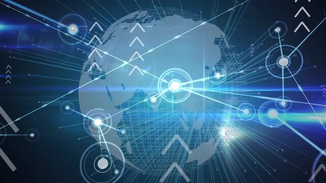 Animation of network of connections with arrows over globe on black background