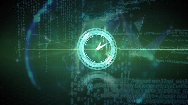 Animation of neon ticking clock and heart rate monitor against globe of network of connections