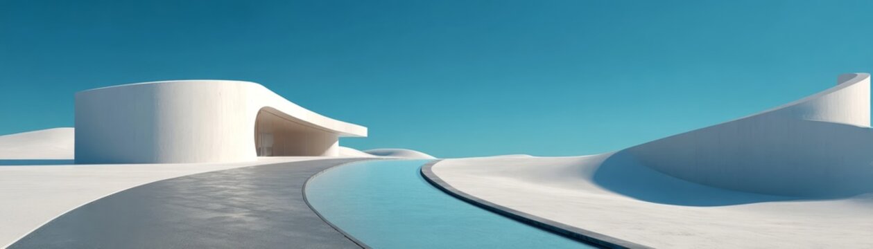 Snowy path curves beside smooth white hills