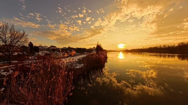 4K Timelapse video with moving clouds near sunset or sundowner at Niederpoering, river Isar, Oberpoering, Deggendorf, Bavaria, Germany