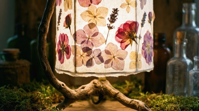 Young woman alone in floral immersive art room concept. A decorative lamp featuring pressed flowers and natural elements.