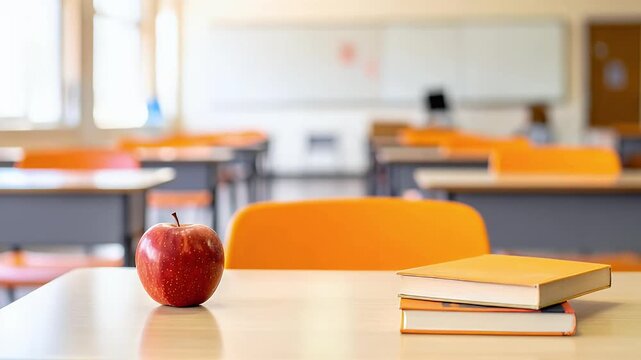 Red apple on a desk with stacked orange books in a bright classroom setting with empty chairs and a whiteboard in the background.