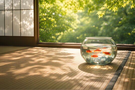 Goldfish bowl and green maple shadows on Tatami at a Japanese house.