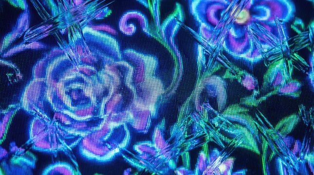 Young woman alone in floral immersive art room concept. Vibrant floral patterns in neon colors on a dark background.