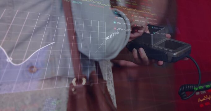Animation of trading board, graphs over midsection of woman inserting password on credit card reader