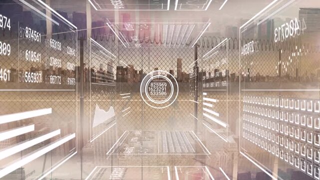 A digital composite of a barb-wired fence against a city skyline on a sunny day