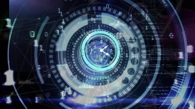 A clock with a digital interface is superimposed over a dark background