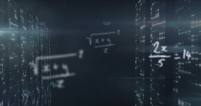 Animation of mathematical equations with lens flare falling bars against abstract background