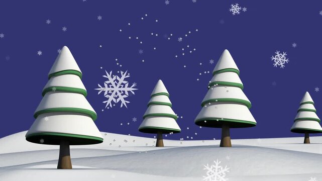 The video shows digital animation of snow falling over fir trees and a winter landscape