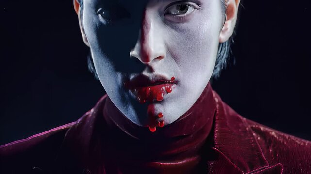 Horror Portrait of Vampire Man with Blood Drip Mouth
