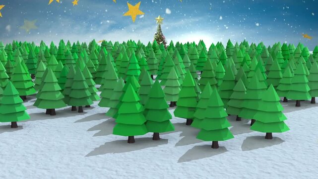 Animation of christmas tree, stars and snow falling over winter scenery