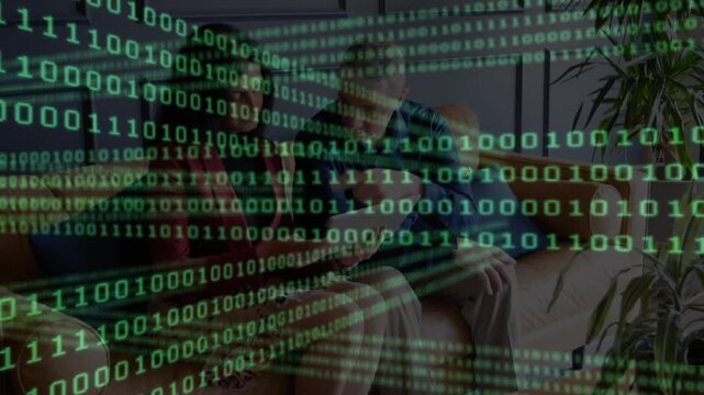 Animation of binary coding over diverse businessman and businesswoman discussing at office