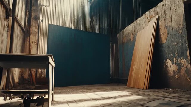 Dusty abandoned warehouse interior receiving warm sunlight through the roof and walls, creating contrasting light and shadow patterns on the worn wooden floor and corrugated metal
