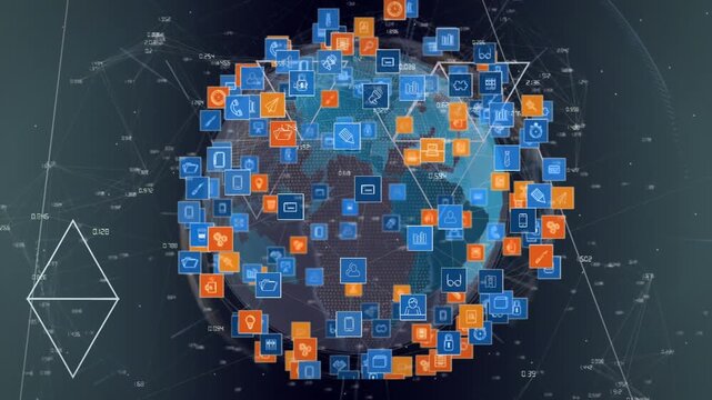 Animation of icons over globe and looping triangles over numbers, connected dots on gray background