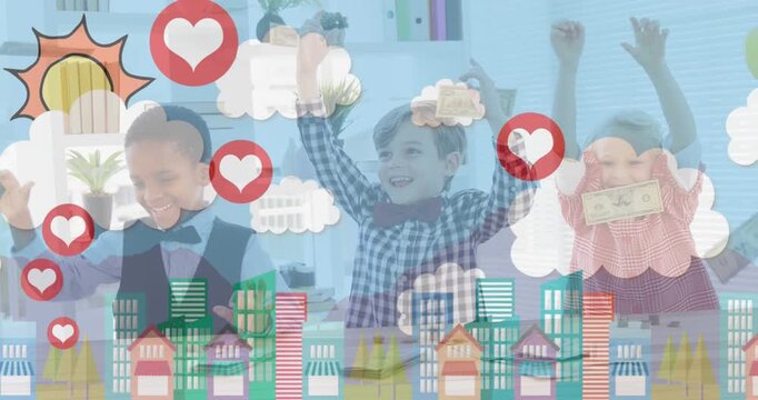 Animation of network of connections with heart icons over diverse school children