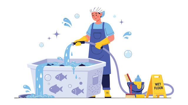 Fishmonger's Duty: A skilled fishmonger diligently cleans and prepares the day's catch, ensuring freshness and hygiene for customers.