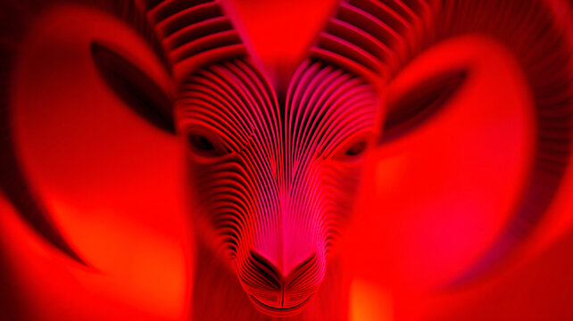 The image shows the red face of a goat with horns on a red background. The details of the muzzle and the texture of the skin are visible. 2027