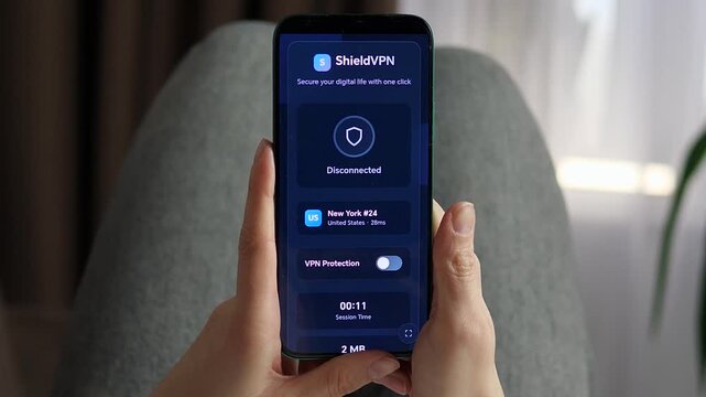 User turns off VPN protection in a mobile app. Professional sequence showing a secure connection being terminated. Great for IT tutorials, web safety, and data protection ads. High-demand digital