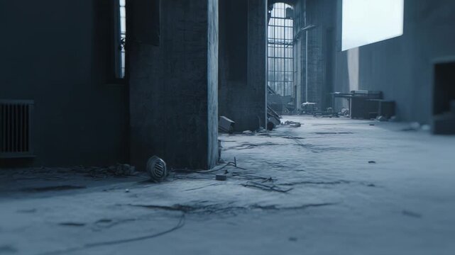 Abandoned industrial warehouse interior revealing urban decay and desolation, seen through a dark, circular foreground frame creating a sense of isolation and mystery