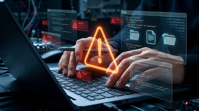 Cyber Security Warning Concept with Laptop, Code and Alert Icons in Dark Workspace