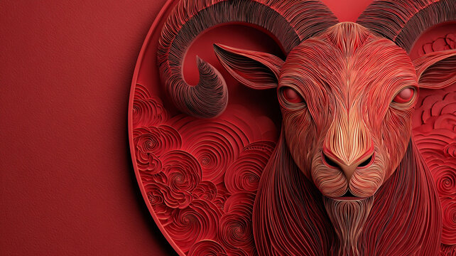 The image has a red background and a round emblem depicting a goat's head with horns. The emblem is decorated with patterns.