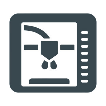 A vector icon showing a 3D printer machine with droplets forming an object
